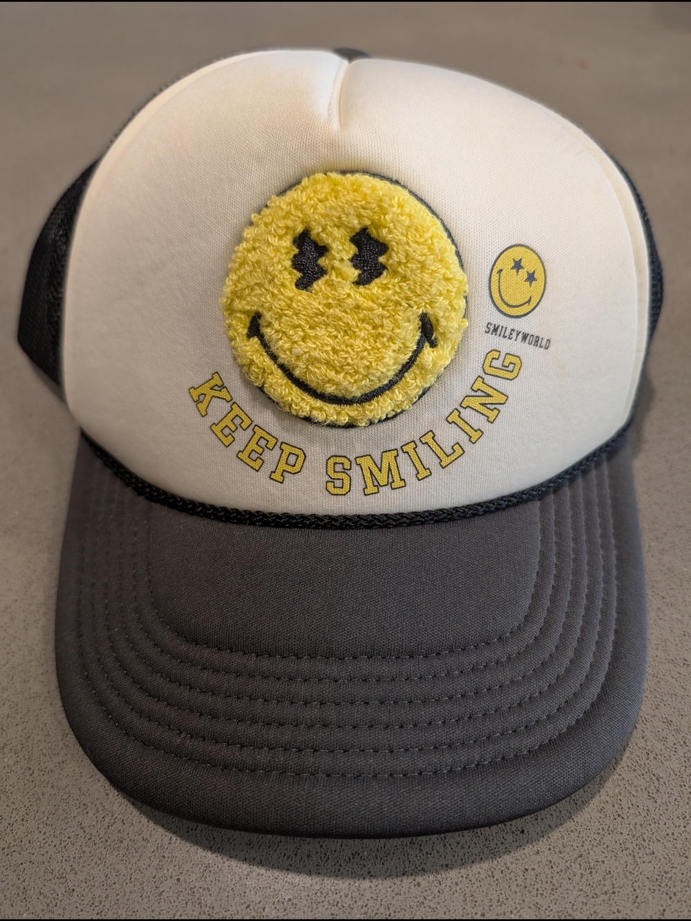 Yellow 'Keep Smiling' Smiley Patch Trucker Hat
